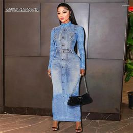 Casual Dresses ANJAMANOR Street Fashion Blue Denim Print Maxi Dress Elegant Sexy Winter Outfits For Women Long Sleeve Bodycon D85-CZ27