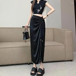 Skirts Skirt Women's Simple 2024 Spring/Summer Shirred Slit Sexy Black Jacquard Hip Women