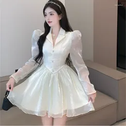Casual Dresses 2024 Spring Women Long Sleeve Y2k Dress Female Elegant Solid Mesh Patchwork Puff Turn Down Collar Mini Party