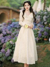 Casual Dresses Embroidery Midi For Women Autumn Fashion Vintage Sweet Fairy Doll Collar Dress Elegant Princess Robe Vestidoes