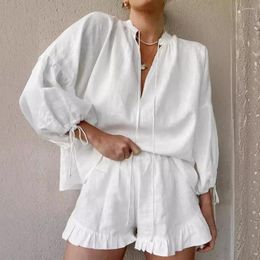 Women's Tracksuits Women V-neck Top Set Casual Two-piece Suit Ruffle Edge V Neck Blouse High Waist Shorts Lantern Sleeves For