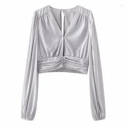 Women's Polos 2024 Women's Fashion Sexy V-neck Backless Solid Colour Top Grey Tighten Waist Shirring Lacing Vintage Female