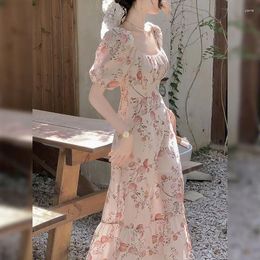 Casual Dresses 2024 Summer French Elegant Vintage Dress Office Lady Short Sleeve Beach Style Floral Midi Women Chic One Piece Korea