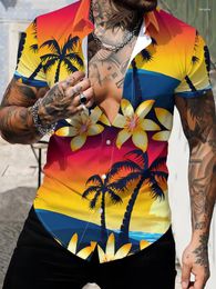 Men's Casual Shirts Hawaiian Sunset Coconut Tree 3D Digital Print Shirt Summer Fashion Beach Short -sleeved Harajuku Style