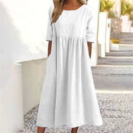 2024 Summer autumn women designer dresses round neck Half sleeve large size casual loose long solid color cotton linen dress 5ab f7f9e