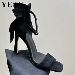 Sandals Women 2024 Back Bowtie One-strap For Girls Suede Leather Stiletto High Heel Summer Ankle Strap Party Shoes