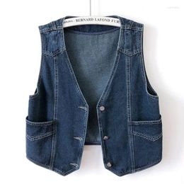 Women's Vests European V-neck Deep Blue Denim Vest Spring And Autumn 2024 Sleeveless Jacket Loose Shoulder