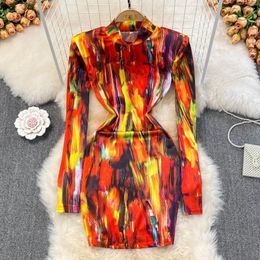 Casual Dresses 2024 Spring Sexy Oil Painting Tie Dye Printing Elastic Tight Slim Long Sleeve Stand Collar Hip Wrap Dress Women