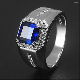 Cluster Rings Classical Square Blue Crystal Sapphire Gemstones Diamonds For Men White Gold Silver Colour Bague Jewellery Accessory Gifts