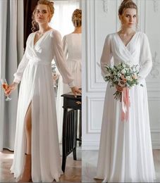 Simple A Line Chiffon Wedding Dress White Ivory Bridal Gowns V Neck Long Sleeves Floor Length With Sash Lady Summer Beach Marriage Dresses