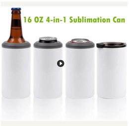 16OZ Sublimation Can Cooler Tumblers Blanks 4in1 Can Insulator Adapter with LeackProof Lid Plastic Straw Stainless Steel Cool6263340