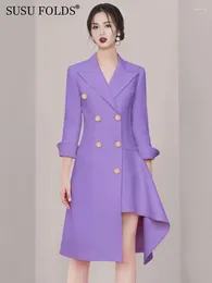 Casual Dresses SUSU Purple Solid Women's Irregular Blazer Dress Double Breasted Seven Sleeve Notched Office Lady Style Autumn 2024 SU-D007