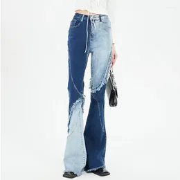 Women's Jeans Y2k Women High Waist Flare Bootcut Hem Fringe Casual Denim Pants Patchwork 2024 Pockets Streetwear Trousers