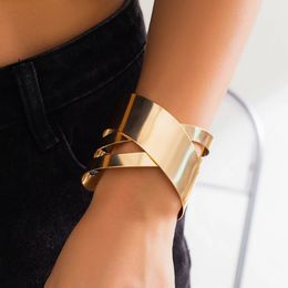 IngeSightZ Punk Smooth Metal Cross Open Adjustable Bracelet Bangle for Women Exaggerated Gold Color Cuff Wide Hand 240515