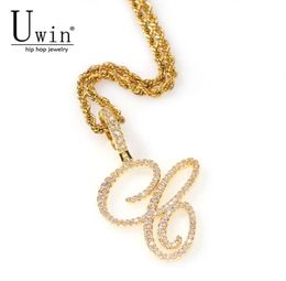 Uwin Cursive Letters Name Necklace Pendant Charm Cubic Zirconia Full Iced Out For Men HipHop Jewellery Gift 20092897060601640159