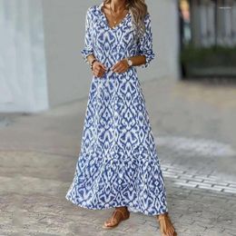 Casual Dresses Mid-sleeve Printed Dress Stylish Women's V-neck Maxi Colorful Print Patchwork Loose Fit Ankle Length For Spring Fall Color