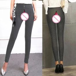 Women's Panties Outdoor Sex Pants For Women Open Croch Sexy Fashion Stripe Zipper Black White Skinny Trousers Pencil Clothes Female