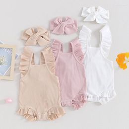 Clothing Sets Summer Born Baby Girls Rompers Clothes Solid Ribbed Sleeveless Backless Bodysuits Jumpsuits Headband Infant Cosutme