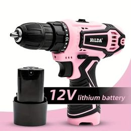 HILDA 12V Lithium Electric Drill Pink Cordless Screwdriver Perforated Hand Mini Power Driver 240522