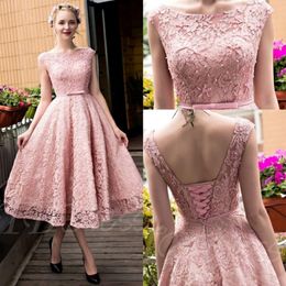 Glamorous Tea Length Prom Dresses 2019 Elegant Pink Cap Sleeve Lace Up A Line Short Cocktail Dresses With Beading Full Lace Party Gowns 251J