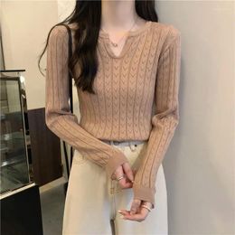Women's T Shirts Solid V Neck Korean Y2k Tops Harajuku Women Office Lady Knitted Autumn Winter Fashion Clothing Streetwear Party Tees
