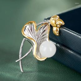Brooches S925 Silver Plated Hetian White Jade Round Beads Lotus Leaf Antique Retro High-Grade Suit Pin Pendant Dual-Use