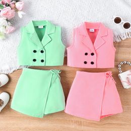 Clothing Sets Summer Kids Toddler Girl Suit Sleeveless V Neck Breasted Tops Skirt Outfits Solid Clothes Set