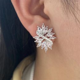 Stud Earrings Luxury Crystal Cubic Zircon For Women Delicate Silver Color Bridal Earring Flower Handmade Wedding Jewelry