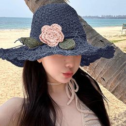 Wide Brim Hats French Style Lace Streamer Hollow Straw Sun For Women Summer Outdoor Seaside Beach Vacation Sunscreen Bucket Caps 2024