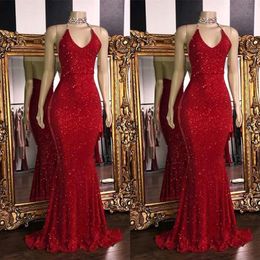 Sparkly Red SequinsSexy V Neck Backless Prom Dresses 2019 Halter Mermaid Long Prom Gowns Low Back Arabic Party Dress BC1085 271n