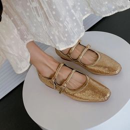 Casual Shoes Women Silver Mary Janes Flat Double Buckle Gold Sequined Square Toe Flats For Lady Daily Prom Fashion Chic