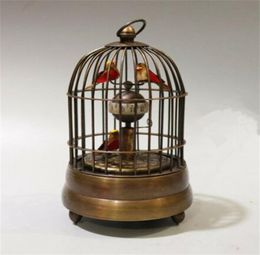 new Collectible Decorate Old Handwork Copper Two Bird In Cage Mechanical Table Clock1587200