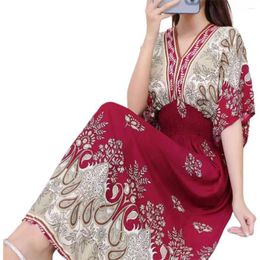 Casual Dresses Summer Maxi Dress Soft Half Sleeves Vintage Style Ethnic Vacation Lady Daily Wear