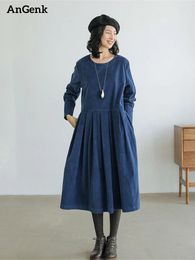 Casual Dresses Autumn Winter Corduroy Vintage For Women Elegant Dress Long Sleeve Outerwear Office Lady Work Fashion Clothing