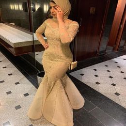 2020 Arabic Aso Ebi Muslim Lace Beaded Evening Dresses Long Sleeves Mermaid Prom Dresses Vintage Formal Party Second Reception Gowns ZJ 2935