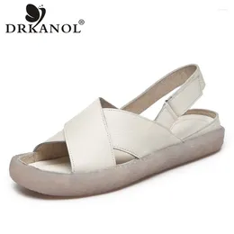 Casual Shoes DRKANOL Ladies Sandals Summer Cross Genuine Leather Fish Mouth Flat Women Comfort Non-slip Soft Bottom