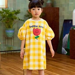 Girl Dresses Summer Dress Children Kids Casual Posh Cute Loose Love Flower Plaid Print Short Sleeve Crew Neck 2-7Y