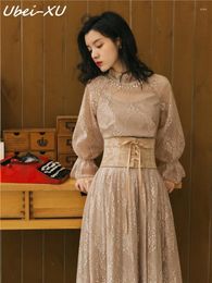 Casual Dresses Ubei Spring Vintage French Court Style Flared Sleeve Dress Female High Waist Show Thin Lace Long