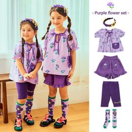 Doll Shirt 2024 Summer New Purple Printing Korean Version Of The Girls Short-sleeved Shorts Suit Children's Clothing L2405