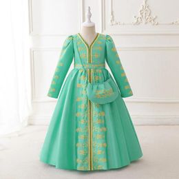 Girl Dresses 2024 Muslim Festivals Girls' Formal Loose Embroidered Long Sleeved Dress Robe With Bag