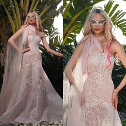 Glitter Strapless Light Pink Mermaid Evening Dresses Simple Beading Lace Formal Occasion Dress Floor Length Prom Gowns Custom made
