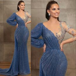 New Blue Evening Dresses Jewel Neck Beaded Sequined Lace Long Sleeve Mermaid Prom Dress Sweep Train Custom Illusion Robes De 3224