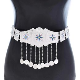 Fashion Ethnic Waistband Silver Plated Coin Tassel Belt Classic Flag Shape Body Chain Womens Party Jewellery Birthday Gift 240522