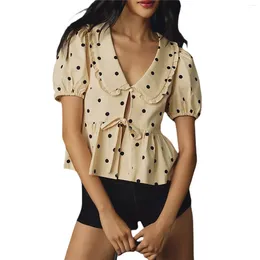 Women's Blouses Women Summer Basic T-Shirt Casual Plaid/Dot Print Tie Front Short Sleeve Tops For Streetwear Aesthetic Grunge Clothes