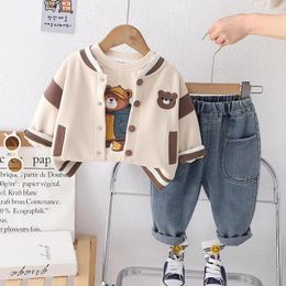 Clothing Sets 2024 Spring Baby Luxury Designer Infant Clothes For Kids Boy Casual Cartoon Cardigan Coats White T-shirts Pants Boys Outfit