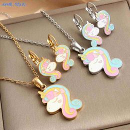 Jewellery Wedding Jewellery Sets MHS. SUN Cute Oil Drop Pendant Necklace Stainless Steel Colourful Insect Horse Childrens Earrings Set Little Girl Gift WX5.21