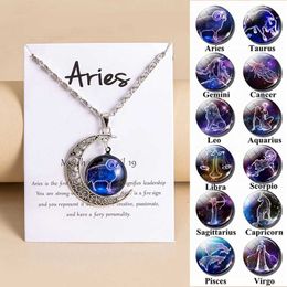 Pendant Necklaces Vintage 12 Constellations Moon Pendant Necklace Galaxy Glass Necklace with Gift Card S2452206