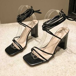 Dress Shoes Womens Black Ankle Shoulder Strap Sandals Leather Pu Cross Tie High Heels Sexy Lace Party Pump Plus Size 43 H240527 7BPS
