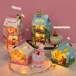Doll House Accessories Diy Wooden Mini Cake Strawberry Milk Casa Doll Houses Miniature Building Kit With Furniture Light Dollhouse Toys For Adults Gift Q240522