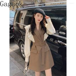 Casual Dresses Gagaok Dressed Women 2024 Autumn Patchwork Ruffles Belt Mini Dress French Waist Design Slim Fashion Vestidos